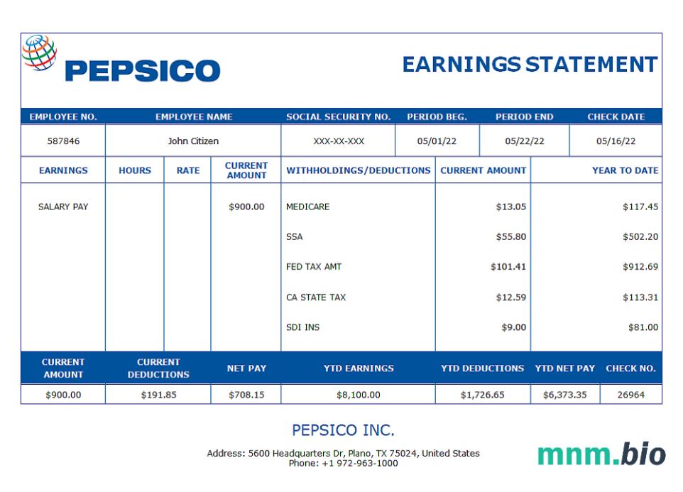 USA Pepsico Inc. firma produkująca napoje pay stub
